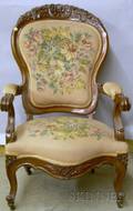 Victorian Rococo Revival Needlepoint Upholstered Carved Walnut Parlor Armchair