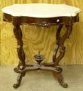 Victorian Rococo Revival White Marble Turtletop Carved Walnut Occasional Table