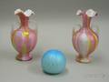 Pair of Victorian Quilted Satin Motherofpearl Rainbow Glass Vases and a Quilted Satin Glass Paperweight