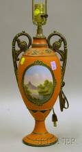 Victorian Etruscan Revival Handpainted Landscape Decorated Porcelain Vase Table Lamp