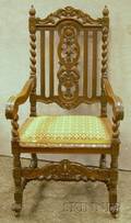 Jacobeanstyle Carved Oak Armchair with Upholstered Seat