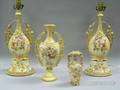 Pair of Rudolstadt Gilt and Handpainted Floral Decorated Porcelain Bottle Table Lamps and Two Vases