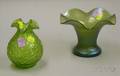 Two Loetztype Iridescent Green Glass Ruffled Vases