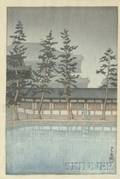 Hasui A Pavilion and Pines by a Pond in Rain