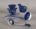 Blue Staffordshire urn creamer and two ladles 19th c