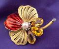 18kt Gold Citrine Cultured Pearl and Diamond Flower Brooch
