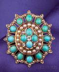 Antique 14kt Gold Turquoise Seed Pearl and Diamond PendantBrooch