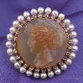 Antique 14kt Gold Hardstone Cameo Seed Pearl and Diamond Brooch