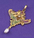 14kt Gold Pliqueajour Enamel Freshwater Pearl and Diamond Pendant
