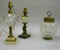 Victorian Opalescent Hobnail Glass Hanging Lamp Shade a Colorless Cut Glass Oil Lamp and an Etched and Frosted Glass Oil Lamp