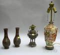 Asian Bronze Incense Burner Table Lamp a Pair of Bronze Vases and a Satsuma Table Lamp