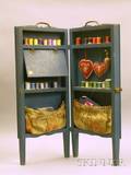 Blue Painted Wooden Twopart Folding Sewing Screen with Contents