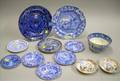 Ten Pieces of English Blue and White Transfer Decorated Tableware and Two Small Chinese Export Porcelain Dishes