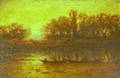 Unframed 19th Century Oil on Mahogany Autumn Landscape with Canoers
