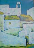 Framed Oil on Canvas of Stucco Buildings by Sarita Gibson