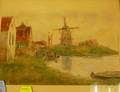Framed Watercolor on Paper of a Dutch Landscape with Windmill
