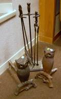 Pair of Cast Iron Owl Andirons with Glass Eyes and a Tool Stand with a Set of Three