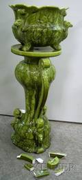 Majolica Glazed Art Pottery Jardiniere on Pedestal