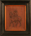 Carved wood plaque of a horse and rider