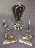 Pair of Brass Dolphinform Andirons and a Brass Fireplace Fan Screen