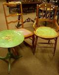 Renaissance Revival Walnut and Caned Kitchen Chair a 1940s Green Painted and Floral Decorated Tripod Stand and a Rococostyle Rocker