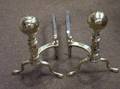 Two Pairs of Brass Balltop Andirons and a Pair of Tongs