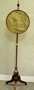 Regencystyle Carved Mahogany and Pole Screen with Needlepoint Scenic Panel