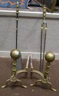 Pair of Brass Balltop Andirons Brass Fireplace Shovel and Tongs