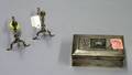 Native American Turquoise Inlaid Silver Box and Pair of Miniature Sterling Silver Andirons