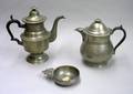 Putnam Pewter Teapot a Pewter Covered Pitcher and a TD  SB Pewter Porringer