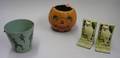 Vintage Painted Composition Sand Pail a Painted Cardboard JackoLantern and Pair of Painted Cast Iron Owl Bookends