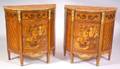 Pair of Louis XVXVI Style Marquetry and Parquetry Inlaid Marbletop Commodes