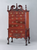 Important Philadelphia Queen Anne transitional carved mahogany scroll top high chest of drawers ca 1755