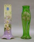 Enamel Floral Decorated Green Glass Vase and a Carlsbad Handpainted Floral Decorated Porcelain Vase