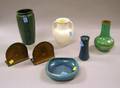 Five Pieces of Art Pottery and a Pair of Craftsman Copper Bookends