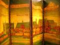 Europeanstyle Painted London Scenic Decorated LeatherMounted FourPanel Floor Screen