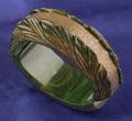 Bakelite Carved Creamed Spinach and Brass Inlaid Clamper Bracelet