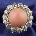 Antique 14kt Gold Coral and Diamond Ring