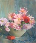 Laura Coombs Hills American 18591952 Lacquer Silk and CeladonA Still Life with Zinnia Dahlia and Cosmos