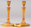 Pair of Turned Tiger Maple Candlesticks and a Decorated Maple Container