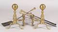 Pair of Brass and Iron Balltop Andirons and Three Tools