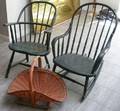 Painted Woven Wicker Flower Gathering Basket and a Black Painted Windsorstyle SackBack Armchair and a Bowback Rocker
