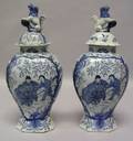 Pair of Delft Blue and White Chinesestyle Decorated Ceramic Covered Jars