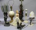 Six Art Deco Patinated and Painted Figural Table Lamps and a Painted Cast Metal and Molded Glass Linenfold Boudoir Table Lamp