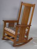 Stickley Arts  Crafts Style Oak Spindle Armrocker with Upholstered Seat