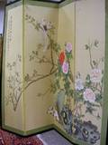 Japanese Handpainted Floral and Bird Decorated Paper FourPanel Floor Screen