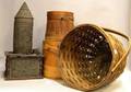 Pierced Tin Lantern and Footwarmer Three Wooden Firkins and Three Woven Basket Items