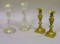 Pair of Colorless Cut Glass Candlesticks and a Pair of Brass Candlesticks