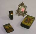 Russian Decorated Lacquer Needlecase Matchbox Sleeve and Small Lidded Box and a Small Sterling Silver Table Frame