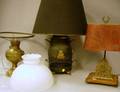 Brass Rayo Lamp with Opaque Glass Dome Shade a Decorative Painted Tin Warmer Table Lamp and a Brass and Wood Letter Rack Table Lamp